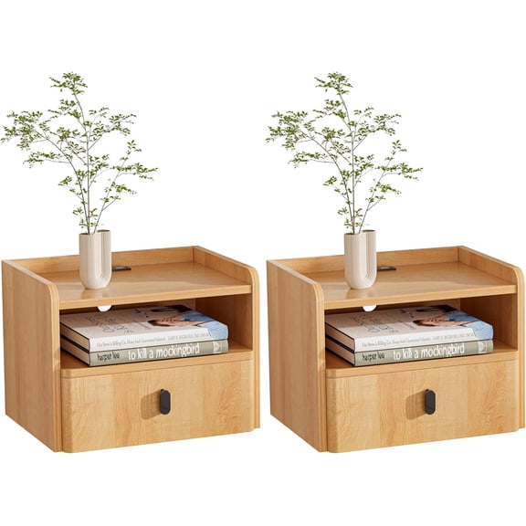 Set of 2 Floating Nightstands, Wall Mount Modern Bedside Tables with Drawer, Open Storage Shelf & Built-in Charging Station, Space Saving Natural Wood Floating Side Table for Bedroom