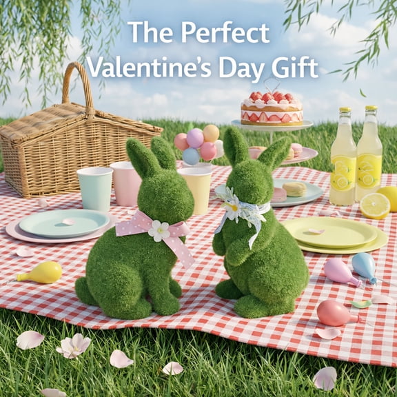Set of 2 Flocked Easter Bunny Figurines - 7" Handmade Moss Rabbit Statues with Bow & Floral Wreath - Weatherproof Resin Garden Sculptures for Outdoor Patio, Romantic Valentine's Day Gift, Spring Home