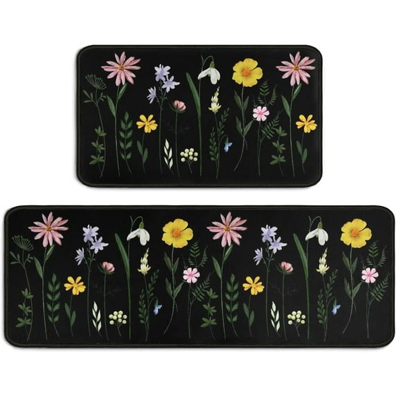 Set of 2 Floral Kitchen Decor Rugs Set, Farmhouse Country Flower Kitchen Rugs and Mats Non Skid Washable Absorbent Microfiber Kitchen Accessories Decoration Floor Mats 17"x47"+17"x30"