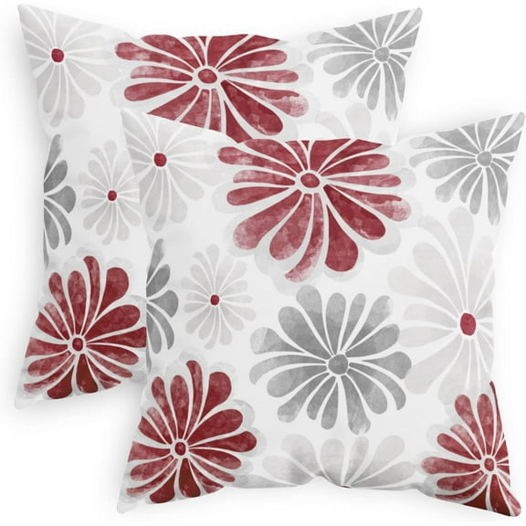 Set of 2 Floral Pattern Throw Pillow Covers 18 X 18 Inches Burgundy Grey Two-Tone Blooming Flowers Cushion Cases for Couch Bed Sofa Farmhouse Decoration