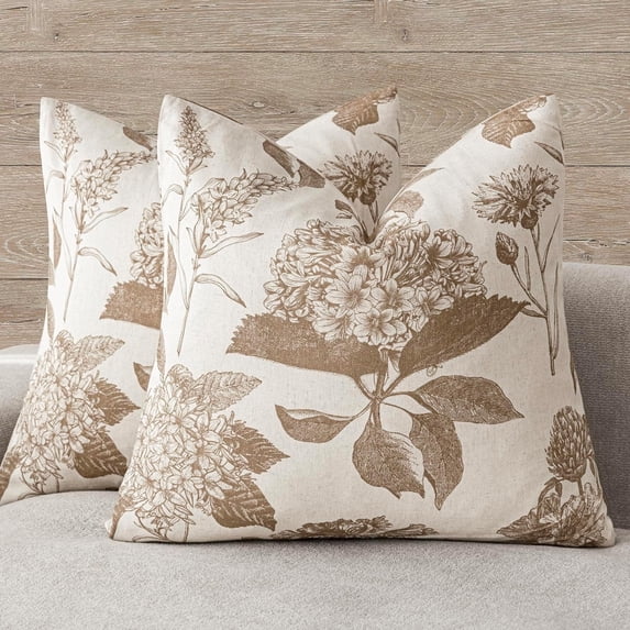 Set of 2 Floral Vintage Throw Pillow Covers Neutral Accent Print Decorative Cushion Covers Farmhouse Home Decor for Sofa Chair Couch Bedroom Living Room,18×18 Inch