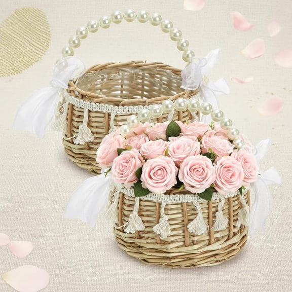 Set of 2 Flower Girl Basket, Rattan Wedding Wicker Basket with Pearl Handle, Ribbon Bow, Silk Petals, Handwoven Gift Baskets for Confetti, Garden Decor, Picnic
