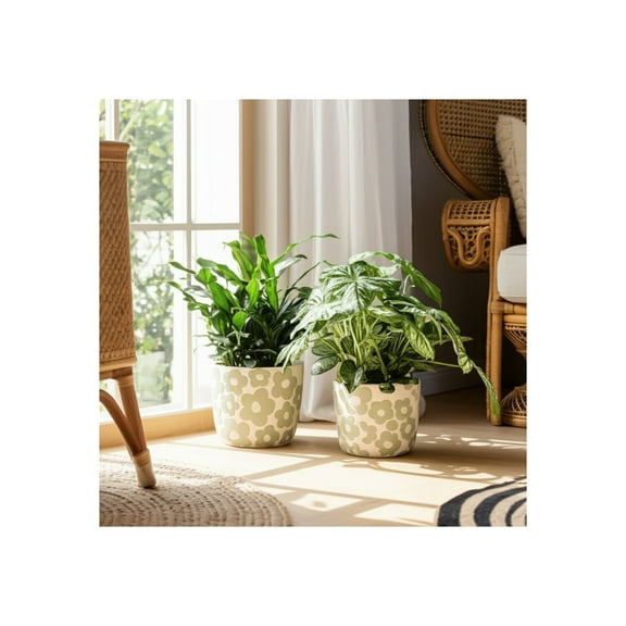 Set of 2 Flower Planters with Drainage Holes - Decorative Cement Pottery Indoor/Outdoor Planters for Home & Garden - Modern Floral Design - 9" & 7" Green