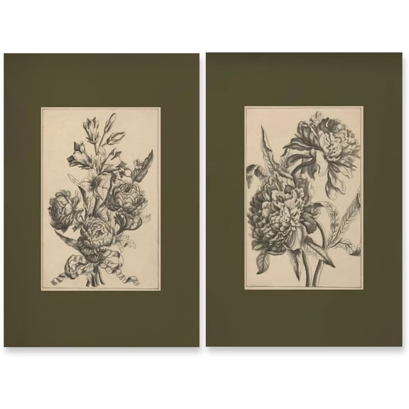 Set of 2 Flower Sketch Prints Sage Green Wall Art Vintage Etchings Dark Green Botanical Canvas Poster Antique Floral Drawing Art Wall Decor for Study Library Living Room 16x24inch Unframed
