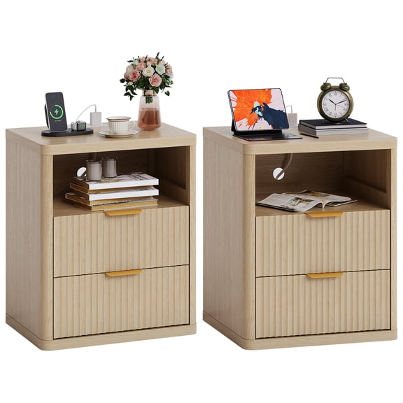 Set of 2 Fluted Bedside Tables with Charging Station – Modern End Tables with 2 Drawers, Open Storage Cabinet, Metal Handles & Rounded Safety Corners – Perfect for Bedroom or Living Room, Wood color