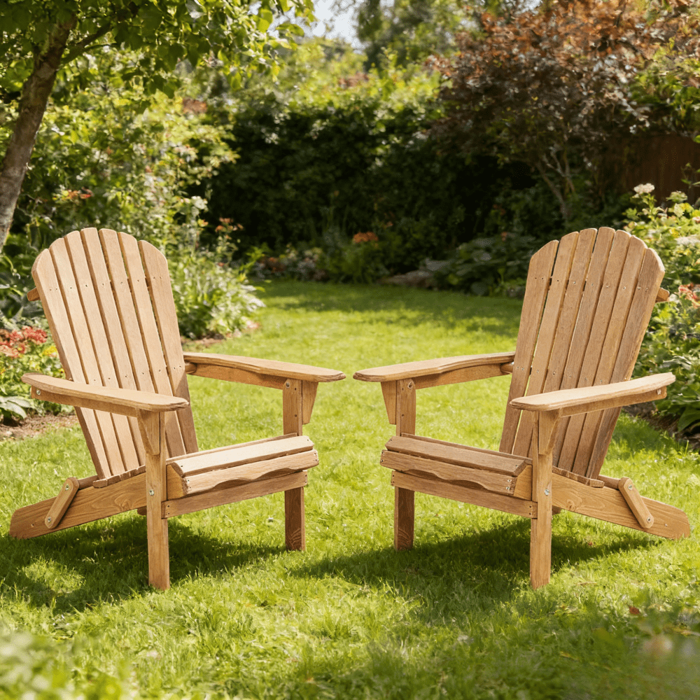 Set Of 2 Folding Adirondack Chair 36In Natural Hemlock Wood Light Brown Patio Porch Deck Garden Lawn Backyard Pool Fire Pit Lounge Wide Armrests Tall Backrest Half Pre Assembled Solid Wood Kit
