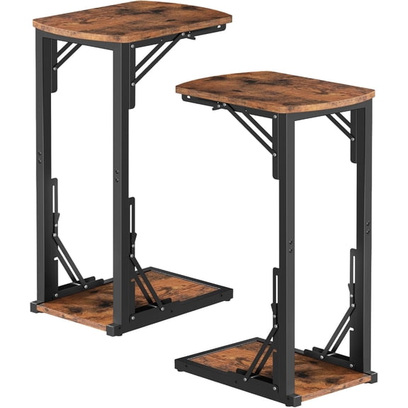 Set of 2 Folding C Shaped End Table, Adjustable Small Sofa Side Laptop Desk, Foldable Couch TV Tray Table for Small Spaces, Living Room, Bedroom, Rustic Brown ETHR4101S2