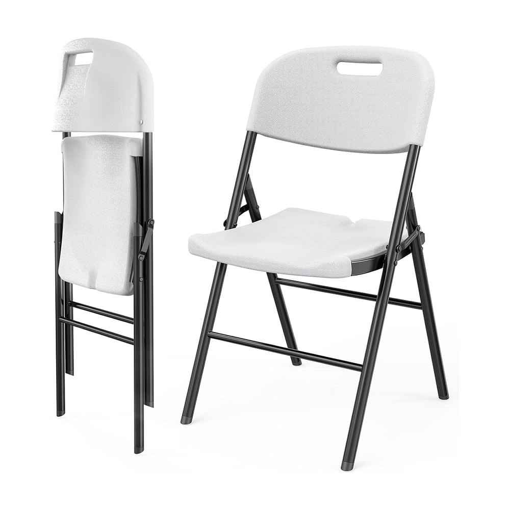 Set of 2 Folding Chairs, Heavy Duty Foldable Chair Sturdy Portable Plastic Seat with Steel Frame for Indoor Outdoor Dinning Party Wedding School Use, White