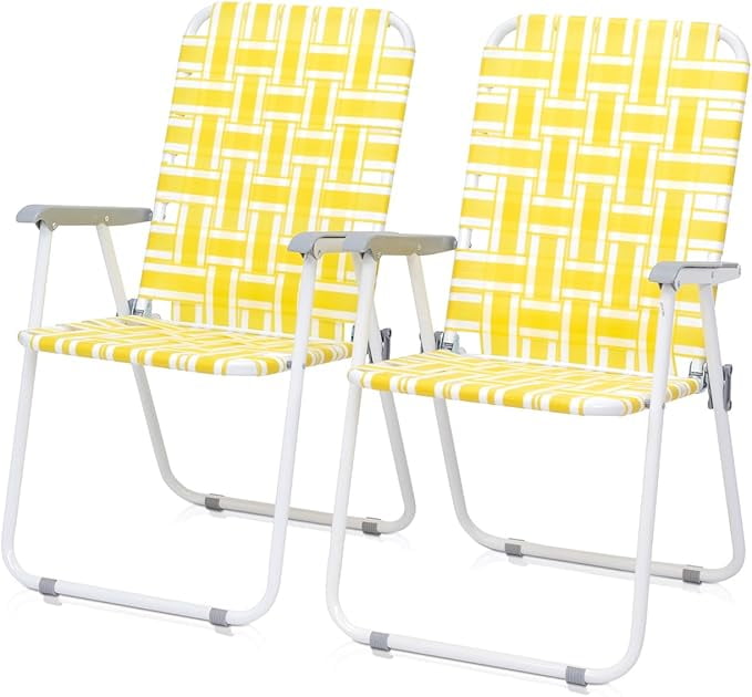 Set of 2 Folding Patio Lawn Chairs - Portable Webbed Beach & Camping Chairs for Adults, Lightweight Outdoor Directors Chairs with Steel Frame, High Back Seat for Yard, Garden, Poolside, Fishing