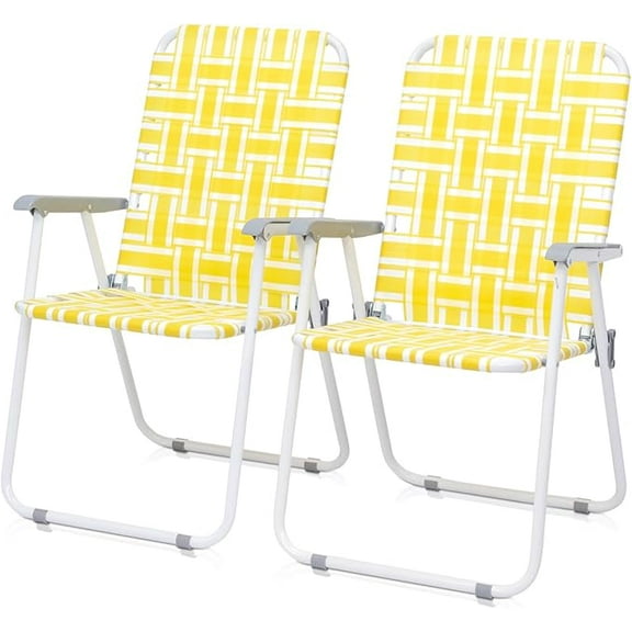 Set of 2 Folding Patio Lawn Chairs - Portable Webbed Beach & Camping Chairs for Adults, Lightweight Outdoor Directors Chairs with Steel Frame, High Back Seat for Yard, Garden, Poolside, Fishing