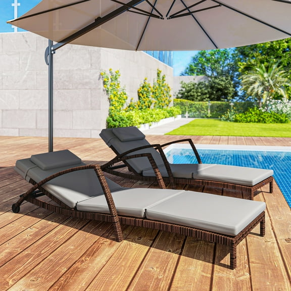 Set of 2 Folding Rattan Lounge Chairs - Ergonomic S-Shape, 5-Position Recline, Weather-Resistant PE Wicker & Steel Frame, Plush Cushions, Brown/Gray for Patio, Poolside, Backyard Relaxation