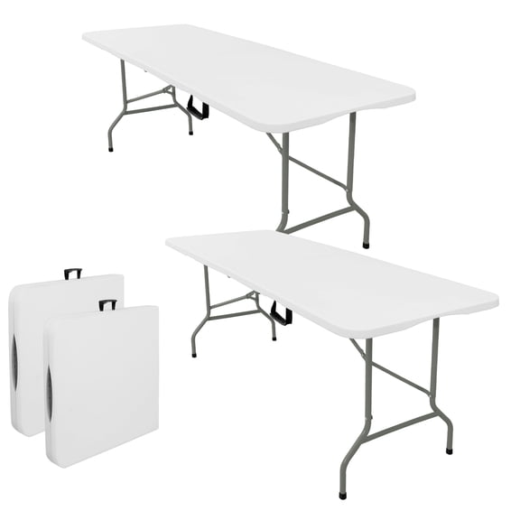 Set Of 2 Folding Tables With Carrying Handle Lightweight 6FT Rectangular Portable Plastic Camping Table Steel Legs For Indoor Party Dining Outdoor Wedding Events Picnic White
