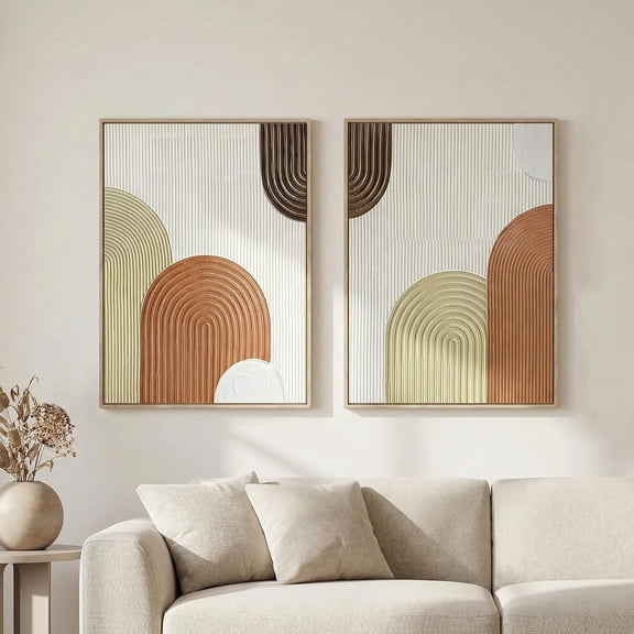 Set of 2 Framed 3D Textured Wall Art, Hand-Painted Raised Line Geometric Design, Neutral Beige and Brown, 18x24 Inch Each, Modern Decor for Living Room, Bedroom, Entryway