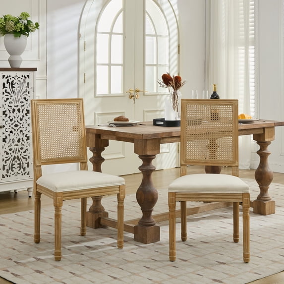 Set of 2 French Louis Dining Chairs, Upholstered Square Rattan Backrest & Carved Solid Wood Frame, Beige Decor Chairs for Living Room, Kitchen or Restaurant
