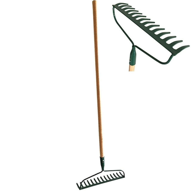 Set of 2 Garden Bow Rake Wood Handle Landscape Cultivator Gardening Tool Leveling Mulch peat Moss and Loose Heavy soils Long Handle Sweep Fall Leaves No Bending Easy Grip Metal Rake