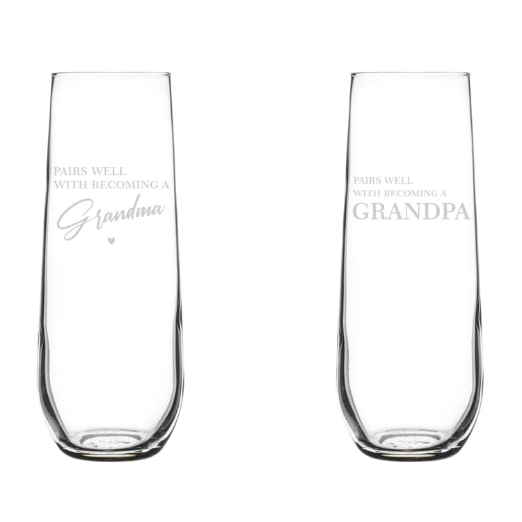 Set of 2 Glass Champagne Flutes Sparkling Wine Glasses Gift Pairs Well With Becoming A Grandpa & Grandma New Baby Pregancy Announcement (8.5 oz Stemless)