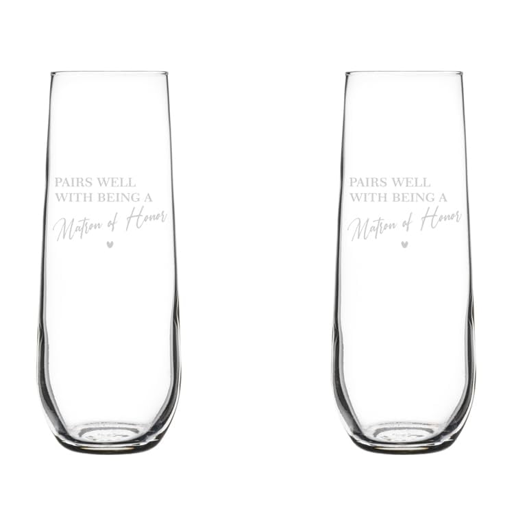 Set of 2 Glass Champagne Flutes Sparkling Wine Glasses Gift Pairs Well With Being A Matron Of Honor Proposal Will You Be My Matron Of Honor (8.5 oz Stemless)