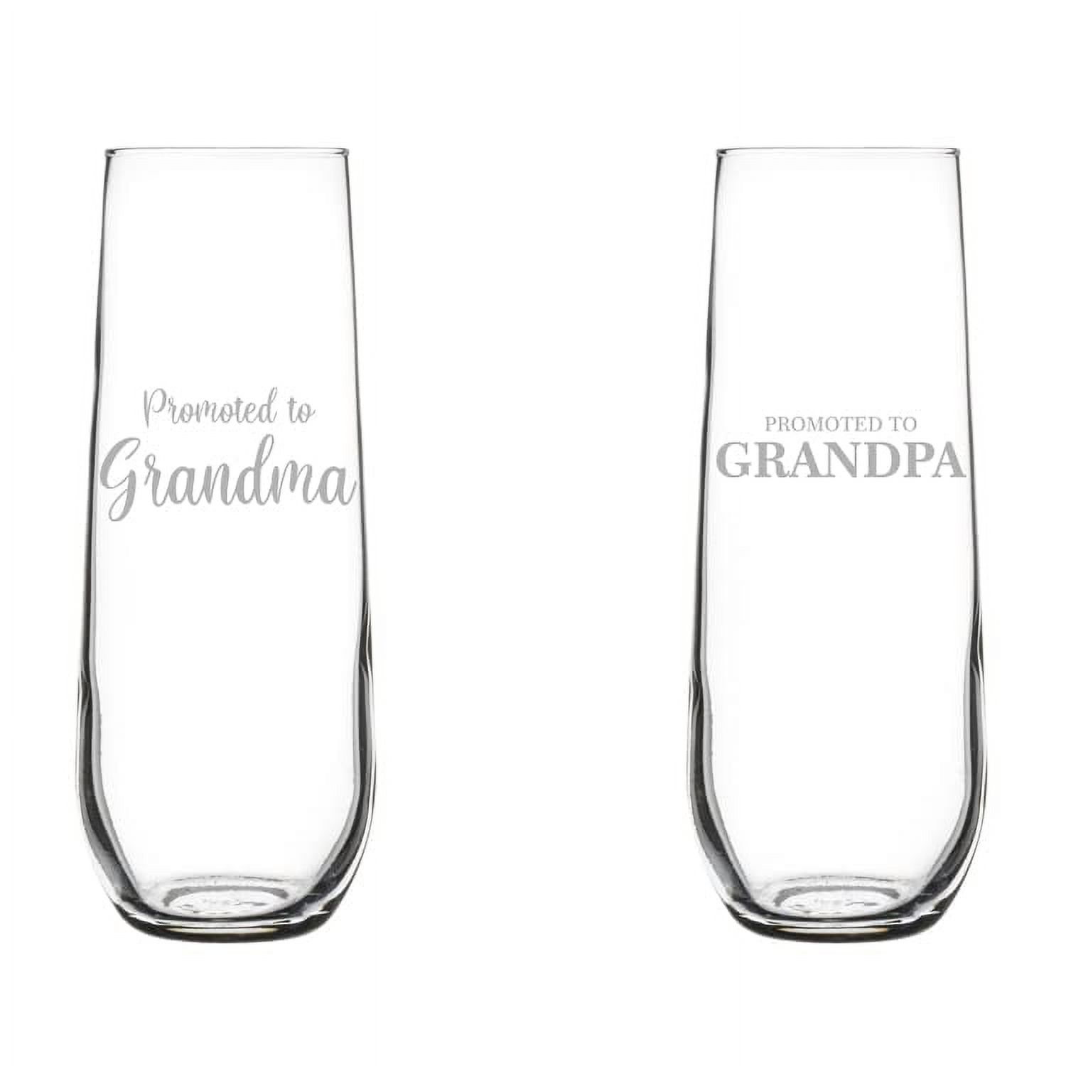 Set of 2 Glass Champagne Flutes Sparkling Wine Glasses Gift Promoted To Grandma Promoted to Grandpa Grandparents Baby Announcement Pregnancy Reveal (8.5 oz Stemless)