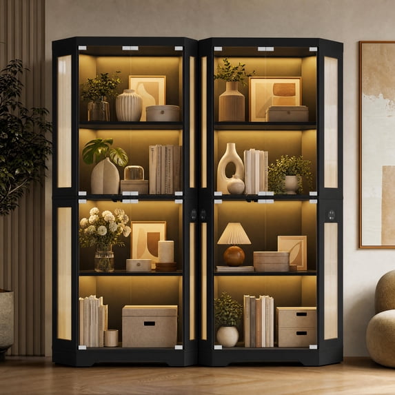 Set of 2 Glass Display Cabinet, 4-Tier Curio Cabinets with 3 Color Lights, Corner Curio Cabinets for Collectibles/Toys/Books, Storage Cabinets with Human Body Sensor & Charging Ports