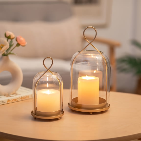 Set of 2 Glass Lanterns Decorative Outdoor: Golden Hurricane Candle Holders for Pillar Candles - Hanging Lantern for Home Thanksgiving Christmas Party Centerpiece