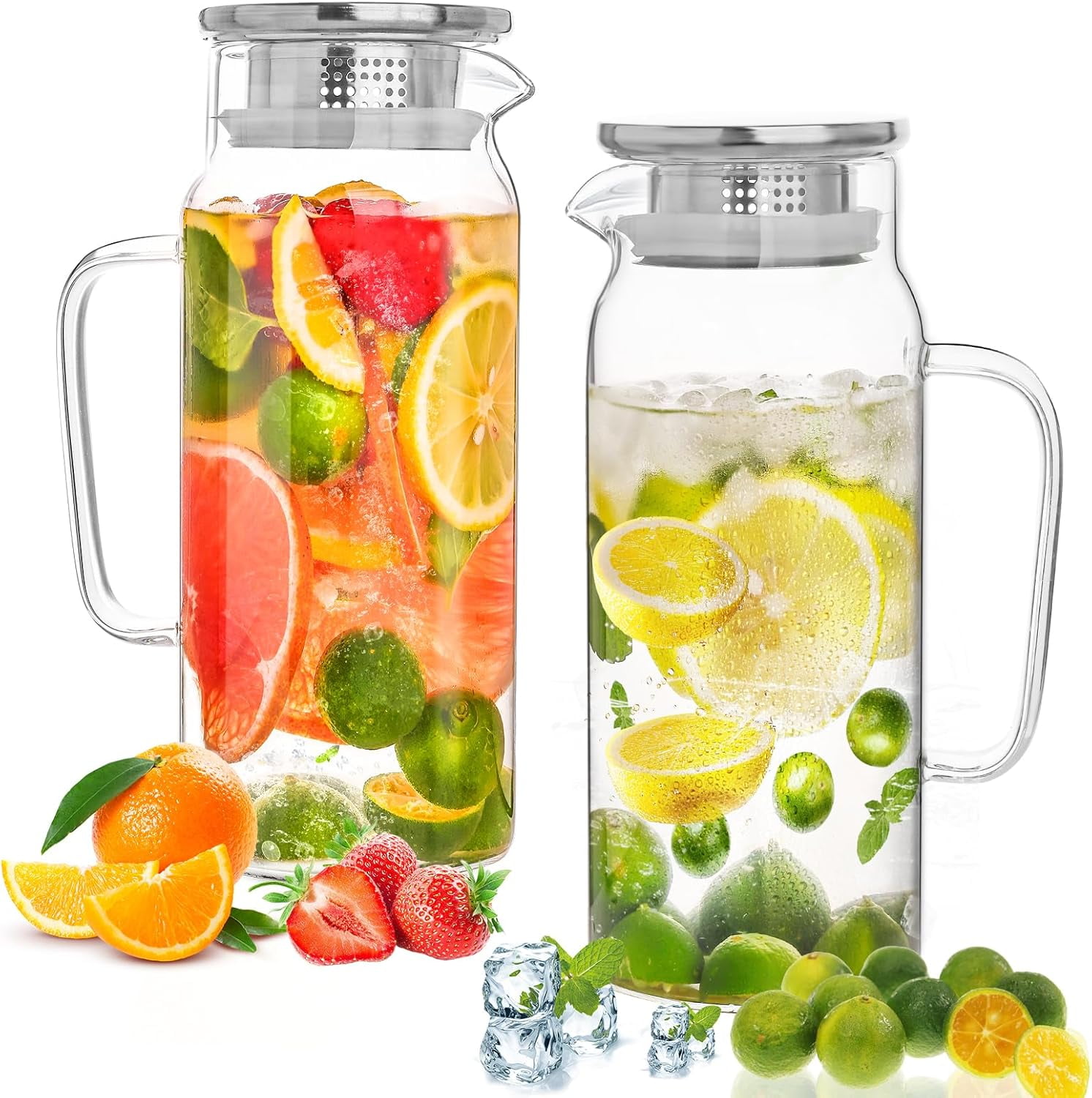 UM Set of 2 Glass Pitcher with Lid,2 Quart (64 oz / 1.9 Liter) Leak Proof,Glass Water Jugs, BPA-Free,Microwave & Dishwasher Safe Pitcher,Sun & Iced Tea, Sangria,Cold Brew Coffee & More