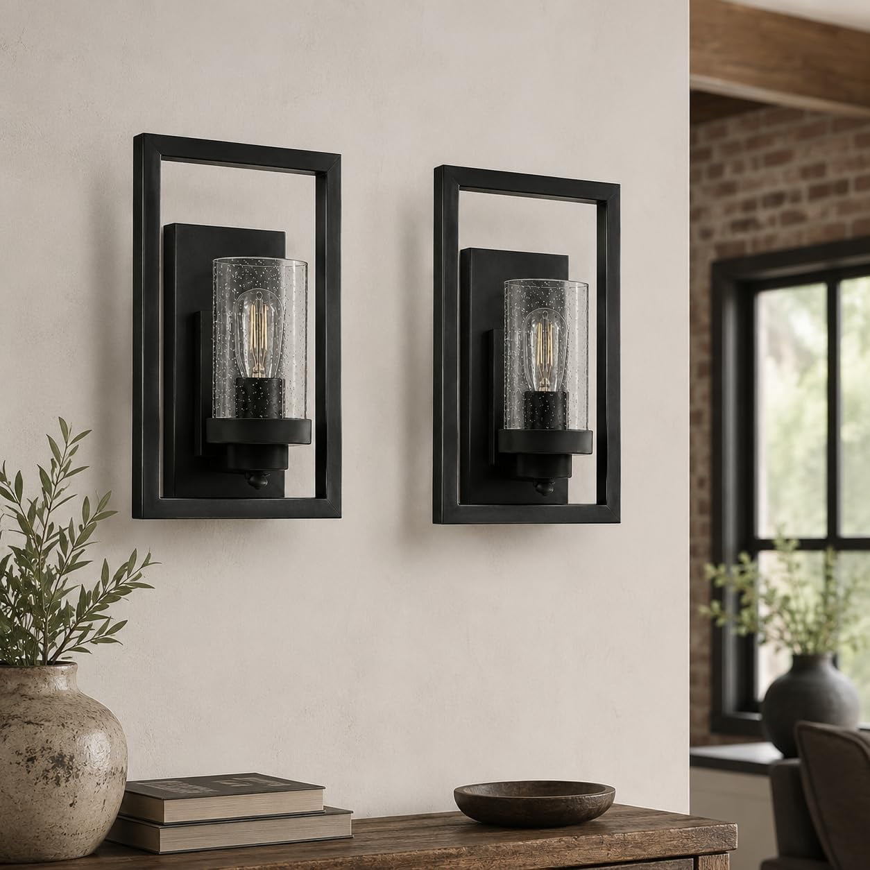 Set of 2 Glass Wall Sconce, Industrial Vintage Wall Lights with Clear Glass Shade, Square Metal Wall Mount Lighting, E26 Base, for Dinning Room, Bedroom, Living Room, Black