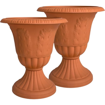 Set of 2 Goblet-Shaped Plastic Planter Urns, 16" H × 14.5" D Large Lightweight Durable Flower Pots, Decorative Indoor Outdoor Garden Patio Plant Containers (Terracotta)