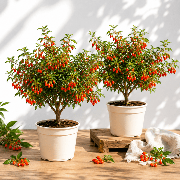 Set 2 Goji Berry Plants Live for Planting, Red Goji Berry Bush, Tropical Perennial Fruit Tree in Home Garden, 4-8 Inch Tall, No Pot