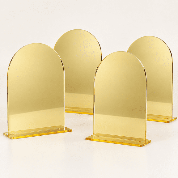 Set of 2 Gold Acrylic Wedding Signs, 5"x7" Gold Mirror Arch Acrylic Table Sign and Base, Modern Font TableTop Reception Sign for Wedding & Party Event (Golden, 5 x7 Inch)