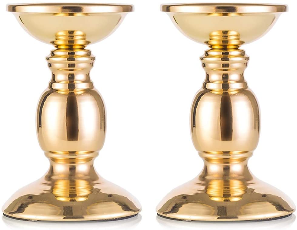 Set of 2 Gold Candlestick Metal Pillar Candle Holders for 3 inches Dia ...