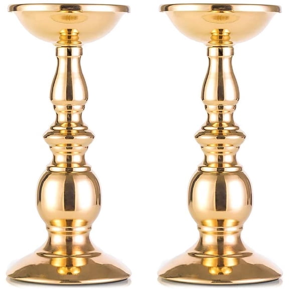 Set of 2 Gold Candlestick Metal Pillar Candle Holders, Flameless Candlestick Holders Stand Centerpieces Decoration Ideal for Weddings, Special Events, Parties Gold 2 x L Gold 2 x