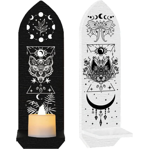 Set of 2 Gothic Wall Candle Holder Shelf Mounted Wooden Pillar Sconces Candlestick Moon Cat Flowers Display Stand for Home Dining Room Bathroom Kitchen Hallway Decor 3.9 x 14.2inch DIY