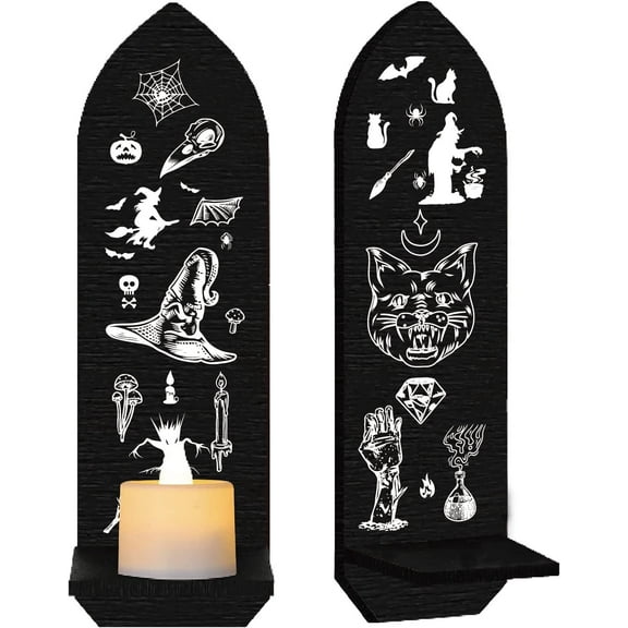 Set of 2 Gothic Wall Candle Holder Shelf Themed Mounted Wooden Pillar Sconces Candlestick Decor Display Stand for Home Dining Room Bathroom Kitchen Hallway 3.9 x 14.2inch Black