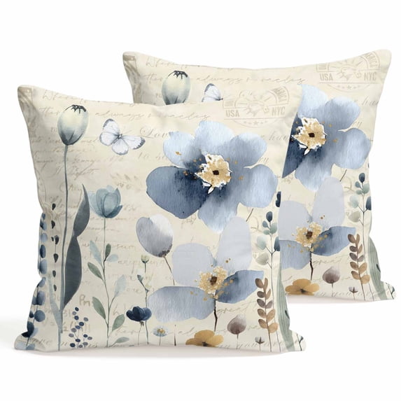 Set of 2 Gradient Blue Flower Pillow Covers 20x20 Inch, Watercolor Country Spring Blue Floral Butterfly Newspaper Texture Decorative Throw Pillow Cases Cotton Cushion Covers for Sofa Couch Bed Decor