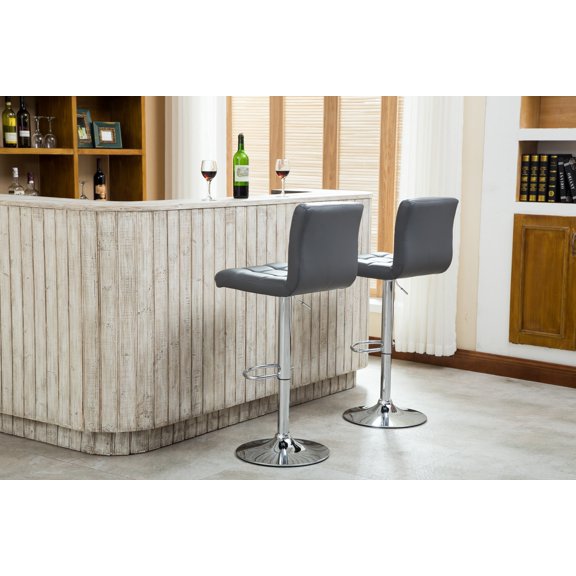 Set of 2 Gray Faux Leather Hydraulic Swivel Bar Stools, Adjustable Height 35-43.5", 360° Swivel, Chrome Base, Ideal for Home Bar, Kitchen Counter, Cafe