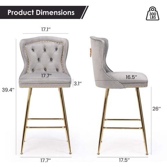 Set of 2 Gray Velvet Counter Height Bar Stools, Button Tufted Wing-Back with Gold Metal Legs, 26" Tall Upholstered Bar Chairs for Kitchen Island, Dining Room, Pub