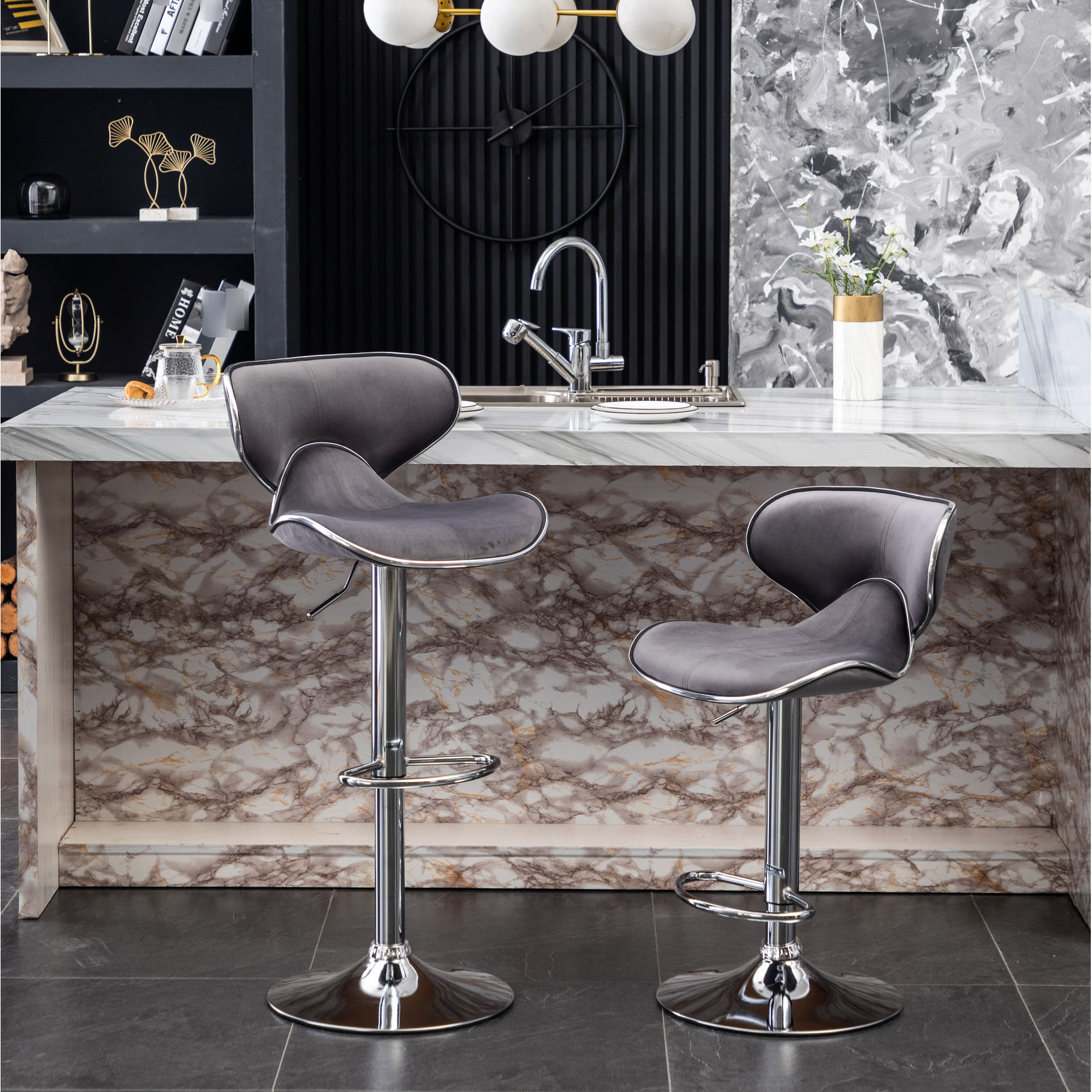 Set of 2 Gray Velvet Swivel Barstools | 360 Swivel and Air - Lift ...