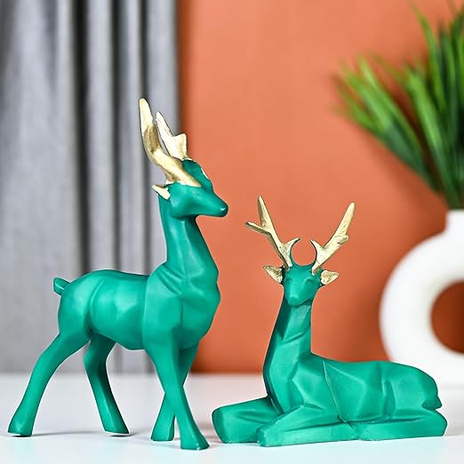 Set of 2 Green Deer Statues Standing and Seated Pair, Elegant Nature-Inspired Figurines for Home and Office Dcor, for Wildlife Lovers and Festive Decorations