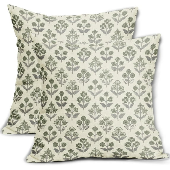 Set of 2 Green Grey Block Print Pillow Covers 24x24 Inch, Vintage Floral Spring Decorative Throw Pillow Cases Boho Rustic Cushion Covers for Farmhouse Sofa Couch Bed Decor