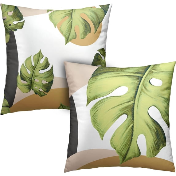 Set of 2 Green Tropical Leaves Pillow Cover Palm Monstera Leaf Throw Pillow Covers 16x16 Modern Art Farmhouse Pillowcase for Couch Outdoor Patio Living Room