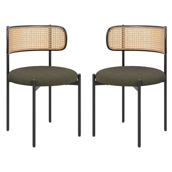 Green Fabric Upholstered Dining Chairs Set of 2 with Rattan Backs and Metal Legs for Kitchen