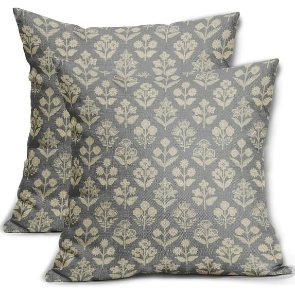 Set of 2 Grey Cream Block Print Pillow Covers 24x24 Inch, Vintage Floral Spring Decorative Throw Pillow Cases Boho Rustic Cushion Covers for Farmhouse Sofa Couch Bed Decor