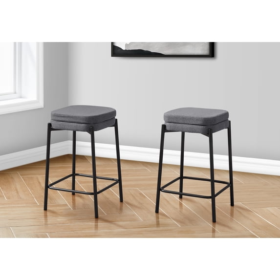 Set of 2 Grey Fabric Barstools - Counter Height Kitchen Stools, Black Metal Frame, Modern Design, 26" High, Padded Seats, Easy Assembly, Perfect for Home Bar