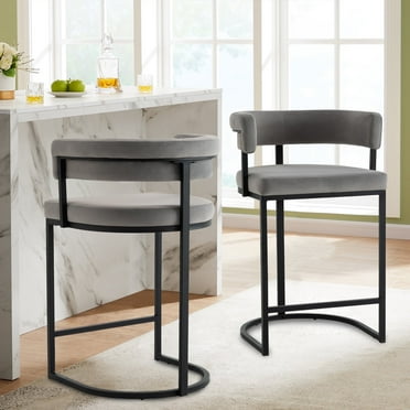 Set of 2 Grey Modern Velvet Bar Stools with Barrel Backrest, Upholstered Seat, and Gold Metal Footrest – 25.6-Inch Seat Height, Ideal for Counters, Home Bars, and Kitchen Islands