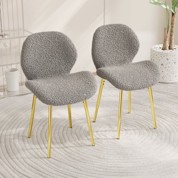 Set of 2 Grey Teddy Velvet Dining Chairs, Modern Minimalist Upholstered Accent Chairs with Gold Metal Legs, Comfortable Backrest for Kitchen, Restaurant, Office, 20.4"W x 15.5"D