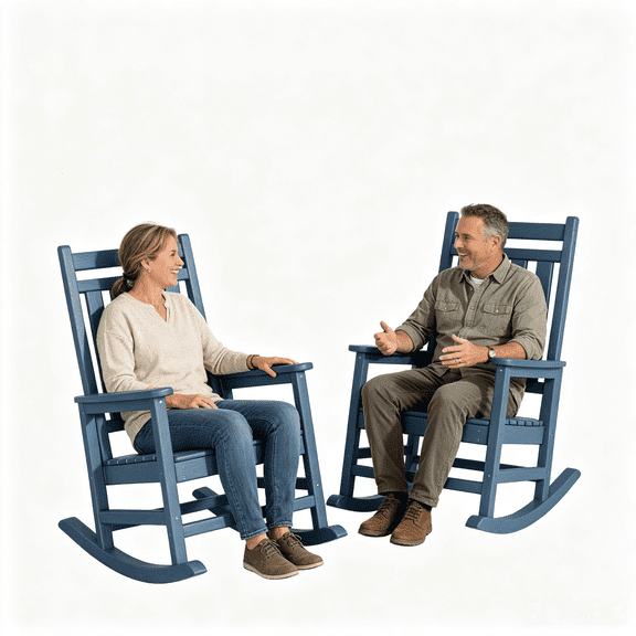 Set of 2 HDPE High Back Outdoor Rocking Chairs, All Weather Resistant Porch Rocker Relaxing Patio Furniture for Adults Garden Backyard - Navy Blue 2pcs