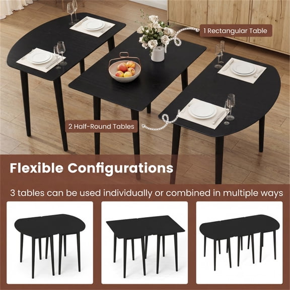 Set of 2 Half Round Dining Table 45In Extendable Convertible Oval MDF Rubber Wood Black Kitchen Apartment Small Space 4-6 Persons Mid Century Modern Farmhouse Scratch Resistant Rounded Corners 260Lbs