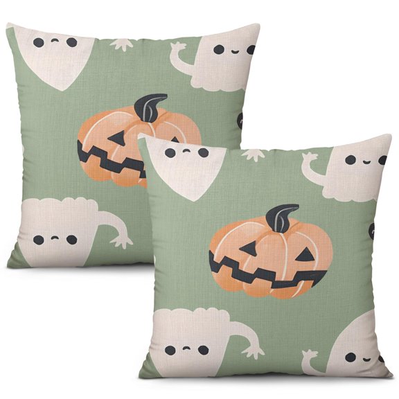 Set of 2 Halloween Linen Pillow Covers - Cute Ghost and Pumpkin Illustration Throw Covers 16x16 inch throw pillow case Halloween gifts to friends,family
