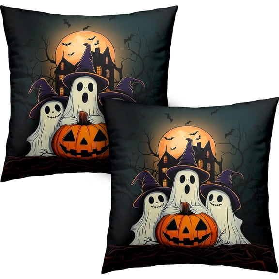 Set of 2 Halloween Pillow Covers 16x16 Ghost Throw Pillow Covers Full Moon Night Castle Bat Pillow Case Jack-O-Lantern Cushion Case for Holiday Party Decor Couch Sofa