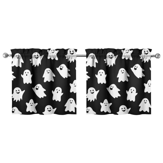 Set of 2 Halloween Tier Curtains with Ghost and Pumpkin Artwork, Gothic Semi-Sheer Kitchen Window Treatment Panels 27.5x24in(70x60cm) Kitchen Curtains